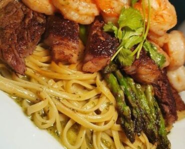 Steak and Shrimp Pesto Sauce Linguini