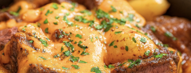 Crockpot Ranch Steak Cheddar Potato Bake